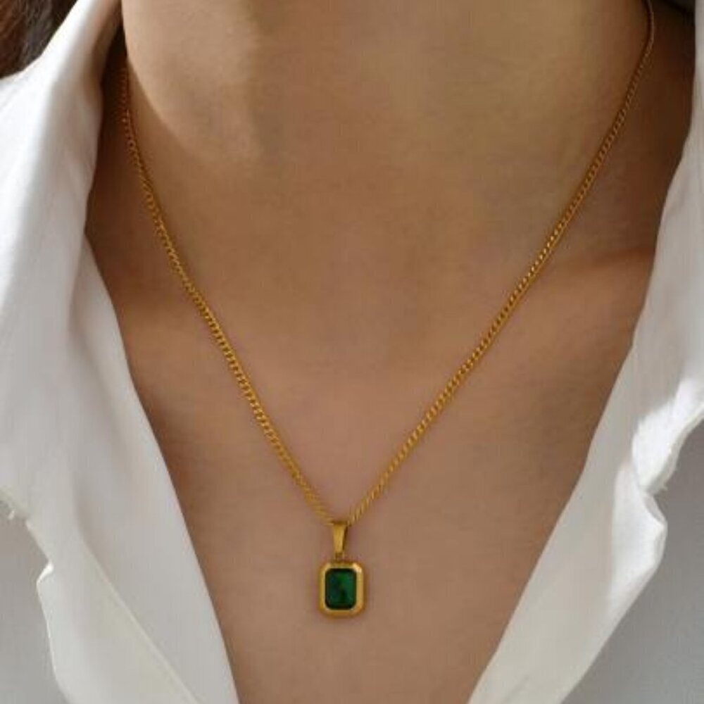 18k Gold Filled Necklace with Green Emerald-Cut Pendant